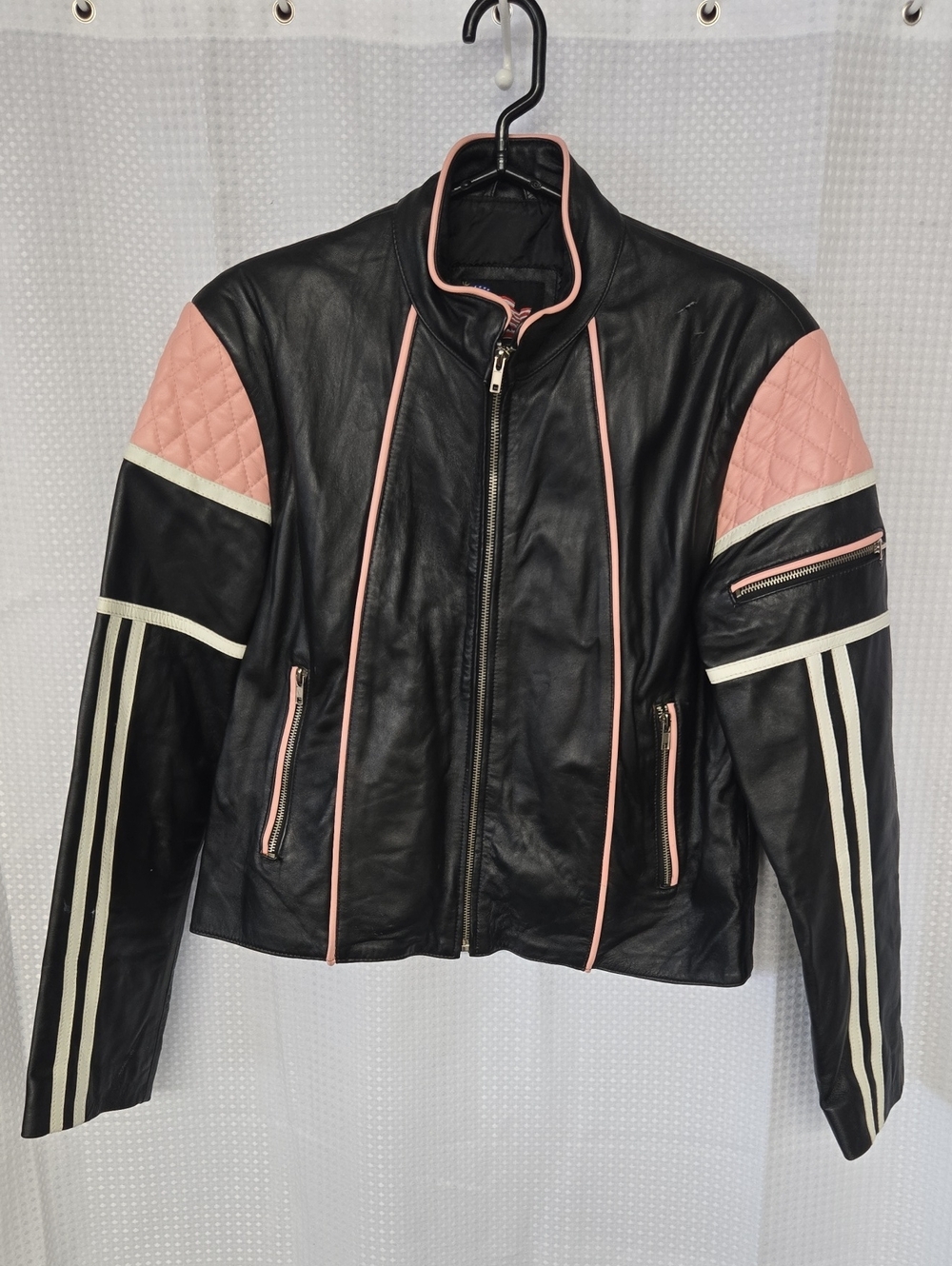 Women’s Black Leather Jacket with Pink Quilted Accents
